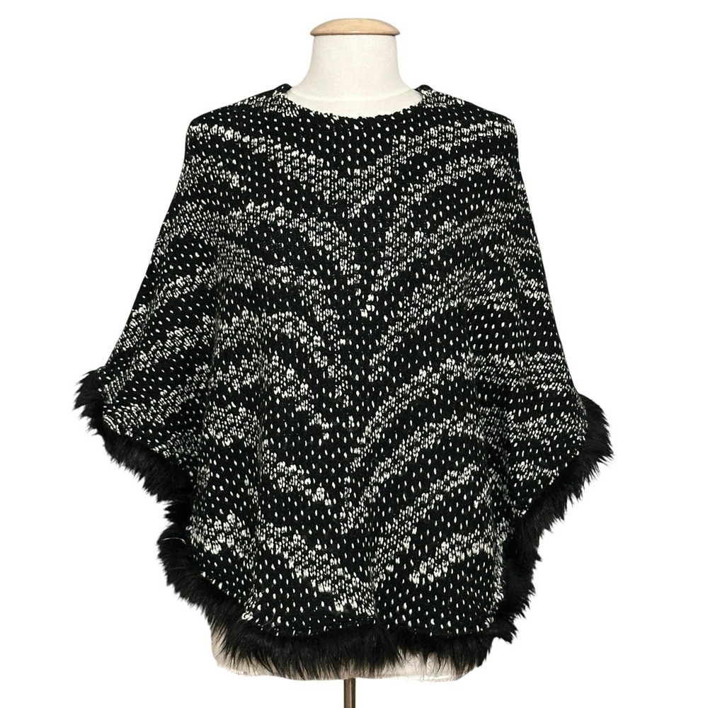 VTG Dark Academia Mob Wife Chunky Knit Animal Print Poncho Faux Fur Boho Cozy